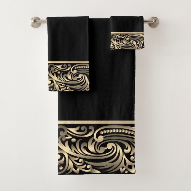 Elegant Chic Black Gold Swirls  Bath Towel Set (Insitu)