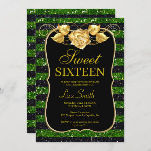 Elegant Chic Black Green Glitter Rose Sweet 16 Invitation