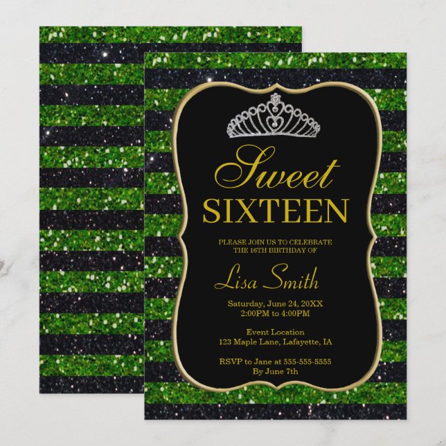 Elegant Chic Black Green Glitter Tiara Sweet 16 Invitation (Front/Back)
