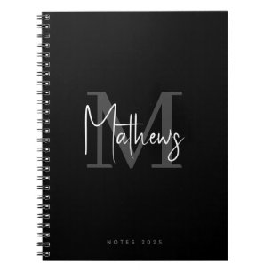 Elegant Chic Black Grey White Monogram Name Notebook