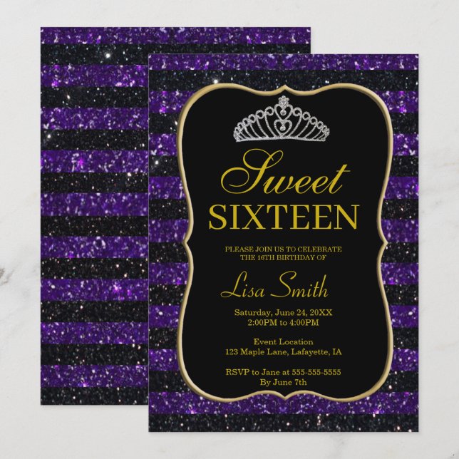 Elegant Chic Black Purple Glitter Tiara Sweet 16 Invitation (Front/Back)
