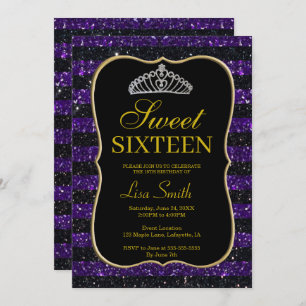 Elegant Chic Black Purple Glitter Tiara Sweet 16 Invitation