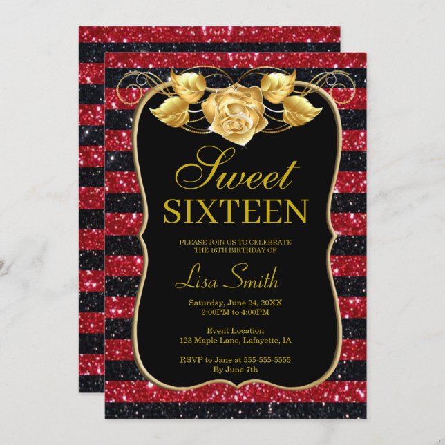 Elegant Chic Black Red Glitter Rose Sweet 16 Invitation (Front/Back)