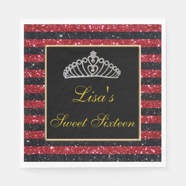 Elegant Chic Black Red Glitter Tiara Sweet 16 Napkin (Front)