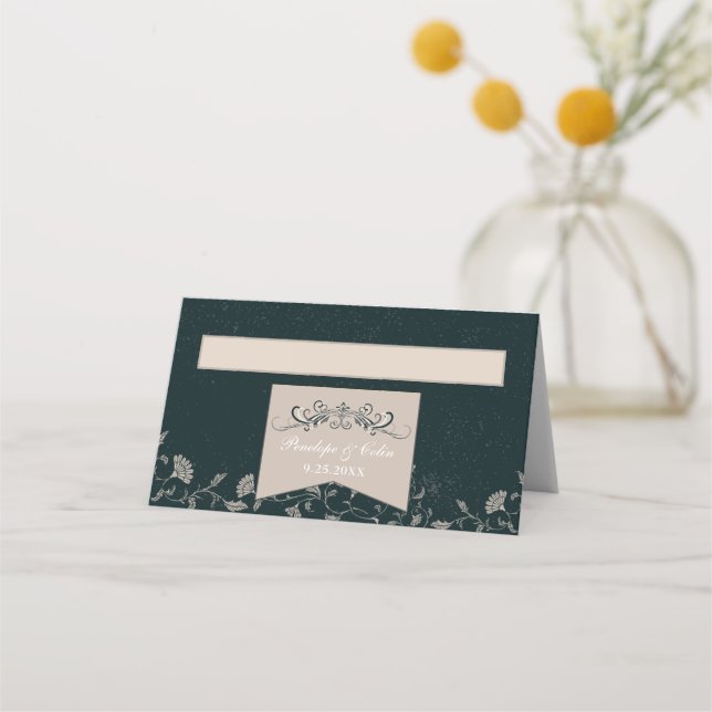 Elegant Chic Black Tan Library Wedding Place Cards (Front)