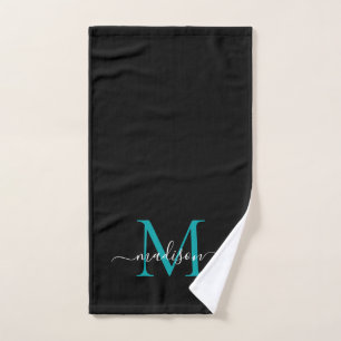 Elegant Chic Black Teal Green Monogram Script Name Hand Towel