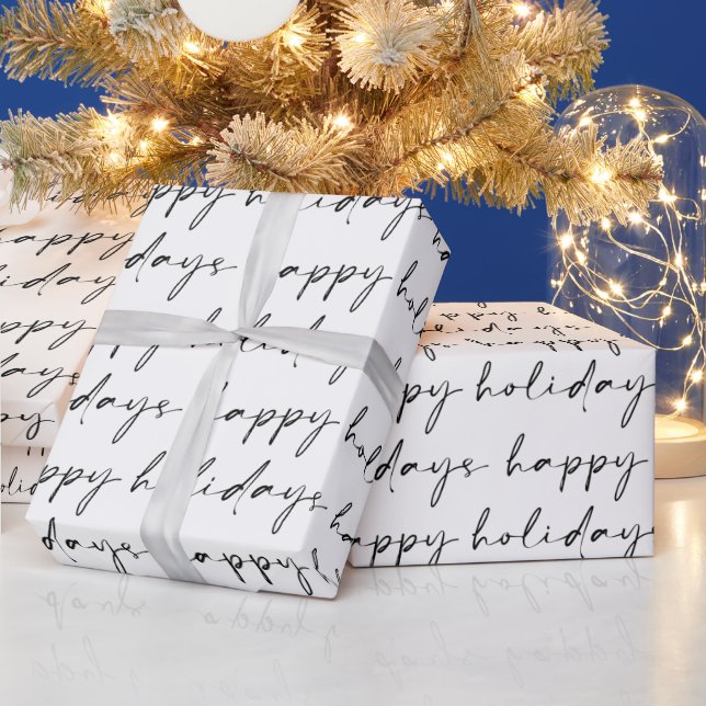 Elegant Chic Black White Lettering Happy Holidays Wrapping Paper (Holidays)