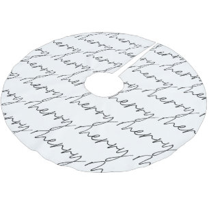 Elegant Chic Black White Merry Script Lettering Brushed Polyester Tree Skirt