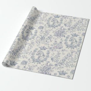 Elegant Chic Blue Beige Equestrian Floral Toile Wrapping Paper