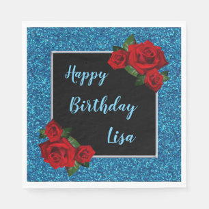 Elegant Chic Blue Glitter Red Roses Birthday Napkin