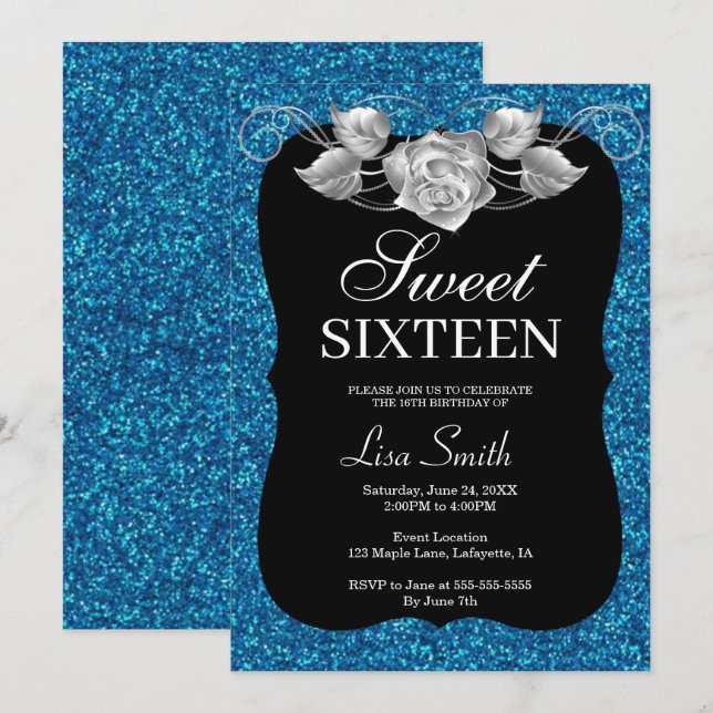Elegant Chic Blue Glitter Silver Rose Sweet 16 Invitation (Front/Back)