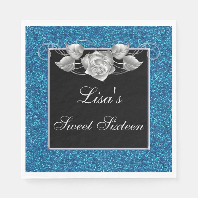 Elegant Chic Blue Glitter Silver Rose Sweet 16 Napkin (Front)