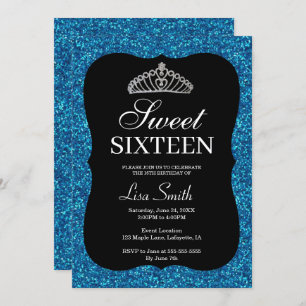 Elegant Chic Blue Glitter Tiara Sweet 16 Invitation