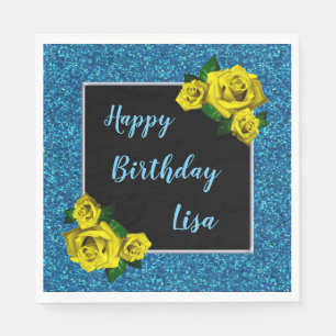 Elegant Chic Blue Glitter Yellow Roses Birthday Napkin