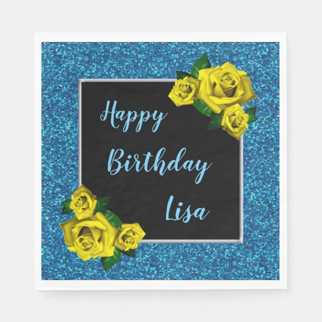 Elegant Chic Blue Glitter Yellow Roses Birthday Napkin (Front)