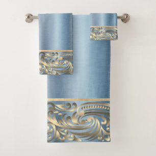 Elegant Chic Blue Metallic Gold Swirls  Bath Towel Set