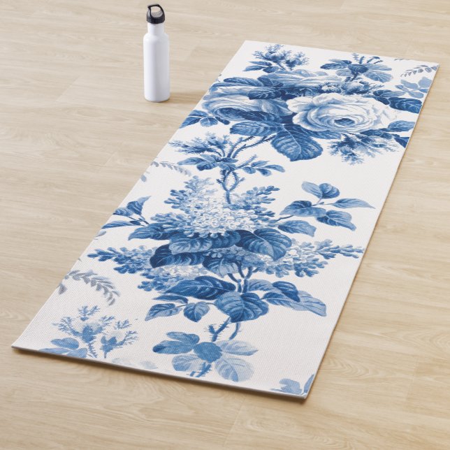 Elegant Chic Blue Roses and Ferns Yoga Mat (In Situ)