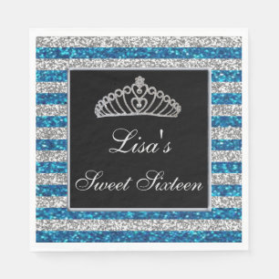 Elegant Chic Blue Silver Glitter Tiara Sweet 16 Napkin