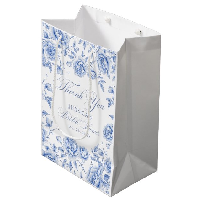 Elegant Chic Blue Toile Chinoiserie Bridal Shower Medium Gift Bag (Front Angled)