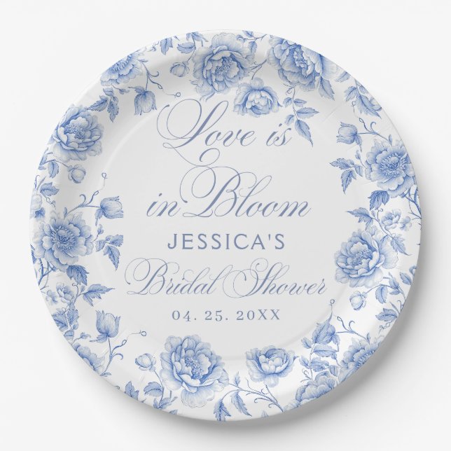Elegant Chic Blue Toile Chinoiserie Bridal Shower Paper Plate (Front)
