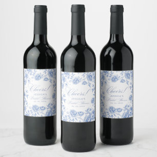 Elegant Chic Blue Toile Chinoiserie Bridal Shower Wine Label