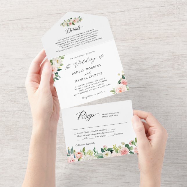 Elegant Chic Blush Floral Wedding Details RSVP All In One Invitation (Tearaway)