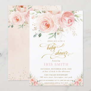 Elegant Chic Blush Pink Floral Gold Baby Shower Invitation