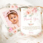 Elegant Chic Blush Pink Floral Gold Baptism Photo Thank You Card<br><div class="desc">Personalize this chic double sided baptism photo thank you card easily and quickly, simply press the customize it button to further re-arrange and format the style and placement of the text.  This elegant invitation features beautiful watercolor blush pink roses and dainty green and gold foliage. Matching items available in store!...</div>
