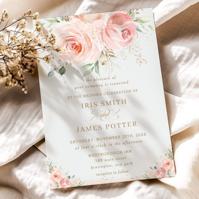 Elegant Chic Blush Pink Floral Gold Wedding Invitation (elegant blush pink floral wedding invitation printed cards and digital download printable )