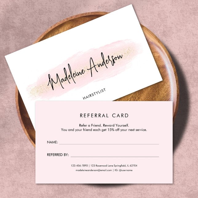 Elegant Chic Blush Pink Gold Glitter Hair stylist  Referral Card (Creator Uploaded)