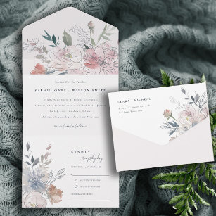 Elegant Chic Blush Watercolor Floral Wedding All In One Invitation