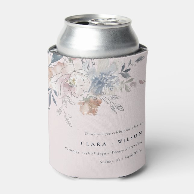Elegant Chic Blush Watercolor Floral Wedding Can Cooler (Can Front)