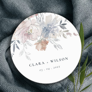 Elegant Chic Blush Watercolor Floral Wedding Round Paper Coaster