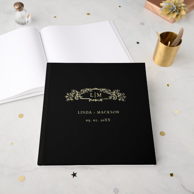 Elegant & Chic botanical crest monogram wedding Guest Book (Front Open)