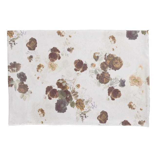 Elegant Chic Brown Beige Roses Floral Toile Pillowcase (Front-Left)