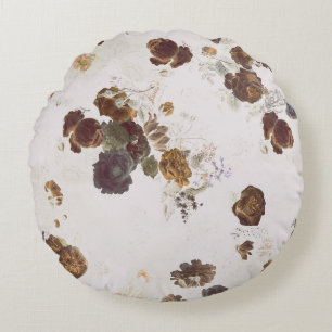 Elegant Chic Brown Beige Roses Floral Toile Round Pillow