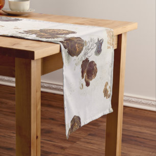 Elegant Chic Brown Beige Roses Floral Toile  Short Table Runner