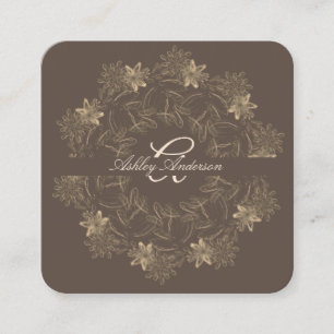 Elegant Chic Brown Gold Floral Script Monogram Square Business Card