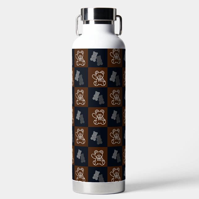 Elegant Chic Brown Plaid & Bear  Water Bottle (Front)