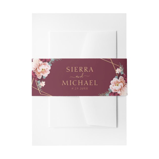 Elegant Chic Burgundy Blush Pink Gold Wedding Invitation Belly Band (Front Example)