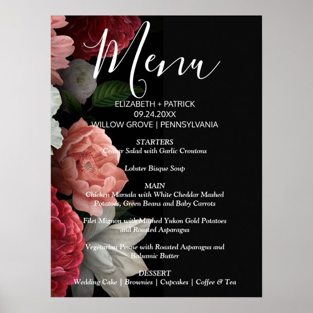 Elegant chic  burgundy floralMenu Sign (Front)