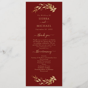 Elegant Chic Burgundy Gold Foliage Wedding Program
