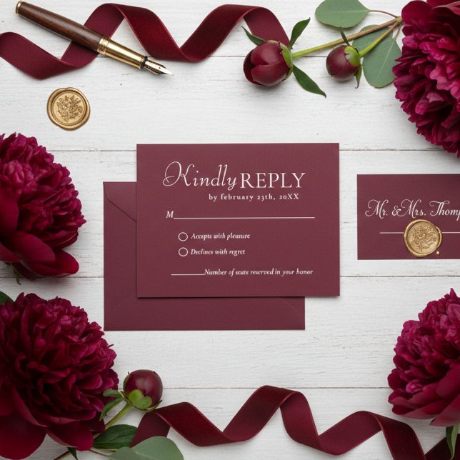 Elegant & Chic Burgundy & Ivory wedding RSVP Card (Creator Uploaded)