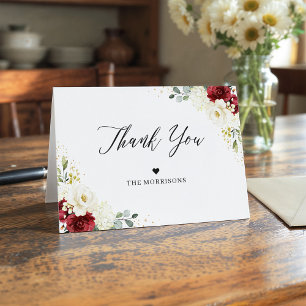 Elegant Chic Burgundy Red White Floral Wedding Thank You Card