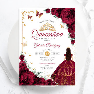 Elegant Chic Burgundy Roses Gold Quinceanera Invitation