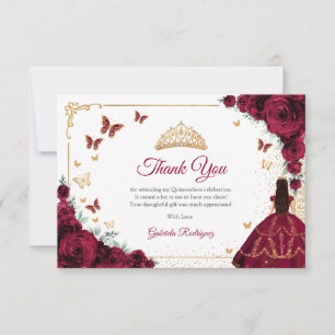 Elegant Chic Burgundy Roses Gold Quinceanera Thank You Card