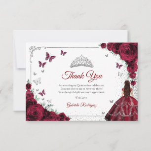 Elegant Chic Burgundy Roses Silver Quinceanera Thank You Card