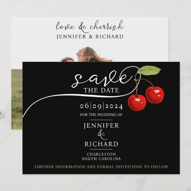 Elegant Chic Cherries Red Black Photo Calligraphy  Save The Date (Front/Back)