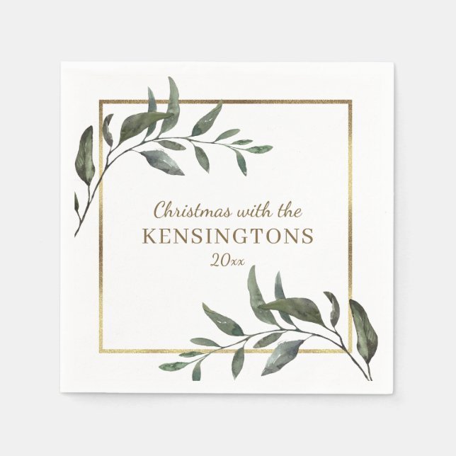 Elegant Chic Christmas Gold Foil Greenery Napkin (Front)