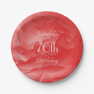 Elegant Chic Coral Pink Rose, 70th Birthday Paper Plate